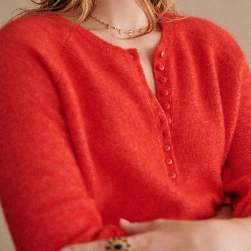 Sezane Red Crewneck Button-Front Sweater - Picture 3 of 9